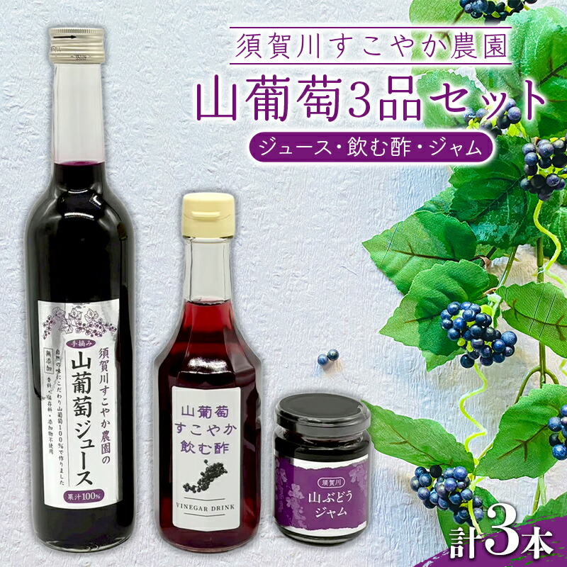【ふるさと納税】自然の味わい 須賀川すこやか農園 山葡萄 3商品セット（ジュース・飲む酢・ジャム） ブドウ ぶどう ジャム 加工品 ジュース 飲み物 果汁飲料 飲料 果実酢 フルーツビネガー ビネガー 食品 F7X-0814