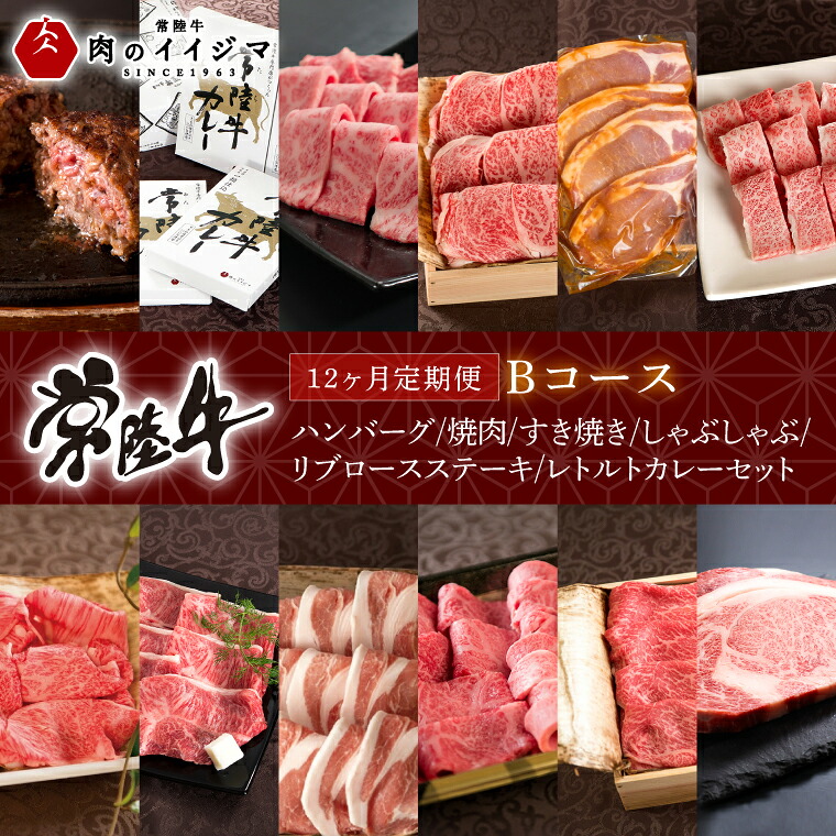 【ふるさと納税】12ヶ月 定期便 肉 常陸牛 Bコース ハンバーグ 焼肉 すき焼き しゃぶしゃぶ リブロース ステーキ レトルトカレー 国産牛 黒毛和牛 お中元 敬老の日 お取り寄せ お祝い 内祝い 出産 結婚 プレゼント 誕生日 ギフト対応 茨城県 水戸市 肉のイイジマ（DU-112）｜茨城県水戸市
