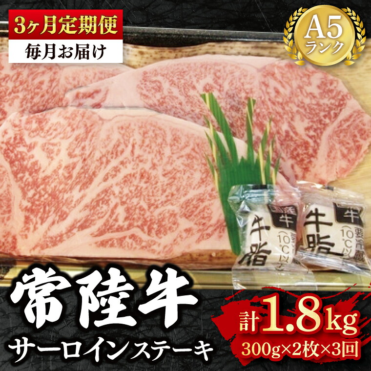 【ふるさと納税】3ヶ月定期便 常陸牛 A5ランク サーロインステーキ 600ｇ（300ｇ&times;２枚）冷凍 国産牛 和牛 肉 牛肉 ステーキ 小分け お取り寄せ 老舗精肉店 肉の加治 茨城県 水戸市（EK-2_1）｜茨城県水戸市