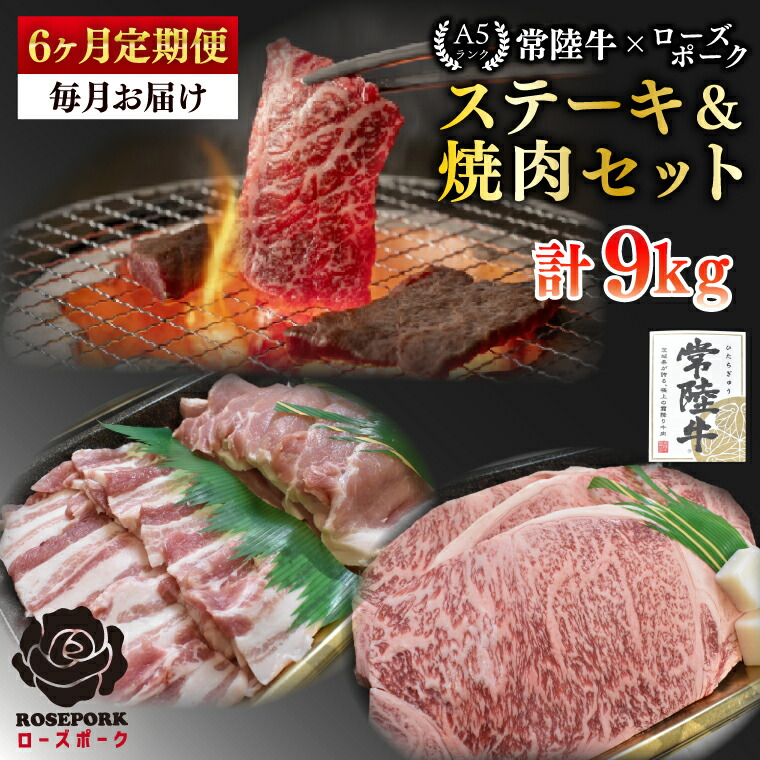 【ふるさと納税】【6ヶ月定期便】【常陸牛 A5ランク・ローズポークステーキ焼肉セット】常陸牛サーロイン900ｇ（300ｇ×３枚）＋ローズポーク600ｇ（ロース300ｇ・ばら300ｇ） 冷凍 国産牛 和牛 牛肉 豚肉　ブランド豚 茨城県 水戸市 食べ比べ BBQ 老舗精肉店 (EK-61_2)