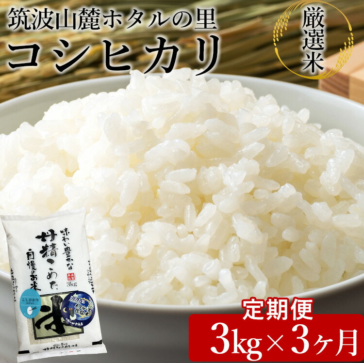 【ふるさと納税】【定期便 3ヶ月】令和6年産 筑波山麓ホタルの里厳選米コシヒカリ3kg　透き通った大粒米 ※離島への配送不可　※2024年9月下旬～2025年8月上旬頃より順次発送予定