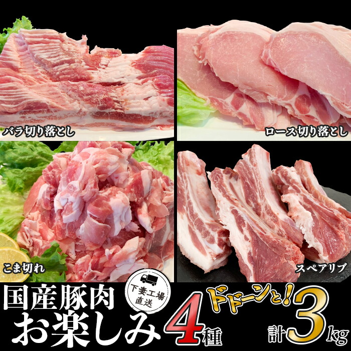 【ふるさと納税】肉 豚肉 国産 4種 3kg 小分け 冷凍 真空 お楽しみ セット こま切れ スペアリブ ロース バラ 切り落とし 小間 コマ 便利 1kg 500g 250g 57-23国産豚肉お楽しみ4種セット3kg（小分け真空包装）【下妻工場直送】マルリン