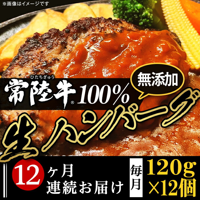 【ふるさと納税】定期便 12回 牛肉 黒毛和牛 常陸牛 ハンバーグ 冷凍 国産 贅沢 生ハンバーグ120g×12個【常陸牛】100%【12ヶ月連続お届け】|茨城県下妻市