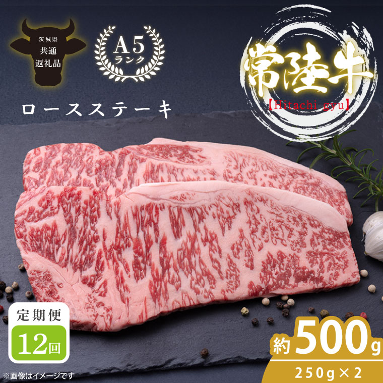 【ふるさと納税】【定期便特別価格】【12回定期便】最高級A4.A5ランク 常陸牛ロースステーキ500ｇ（250ｇ×2）×12回【人気肉 お肉 牛肉 和牛 黒毛和牛 国産黒毛和牛 ロース肉 ステーキ 国産牛 焼肉 焼き肉 バーベキュー BBQ A5 ブランド牛】(CR109)