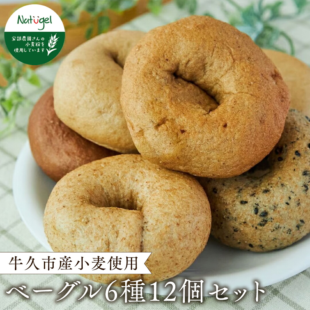 【ふるさと納税】牛久市産 小麦 の ベーグル 6種・12個セット 全粒粉 シナモン レーズン ココア チョコ あずき ごま いちじく 無添加 農薬不使用 小麦 おうちカフェ お菓子 おやつ モーニング ブランチ 朝食 パン お取り寄せ 詰め合わせ セット お土産 プチギフト 贈り物|茨城県牛久市