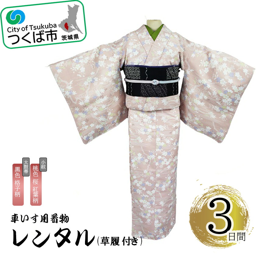 【ふるさと納税】車椅子用御召しもの賃借3昼日なか＜小紋:さくら色  桜 槭樹柄 膜鳴楽器帯:黒いこと  透かし彫り柄(草履付き添い人)＞ | 茨城県 つくば市 キモノ 帯 書き割り 賃借客あしらい 車いす 成年者式 卒式 七五三 華燭の典