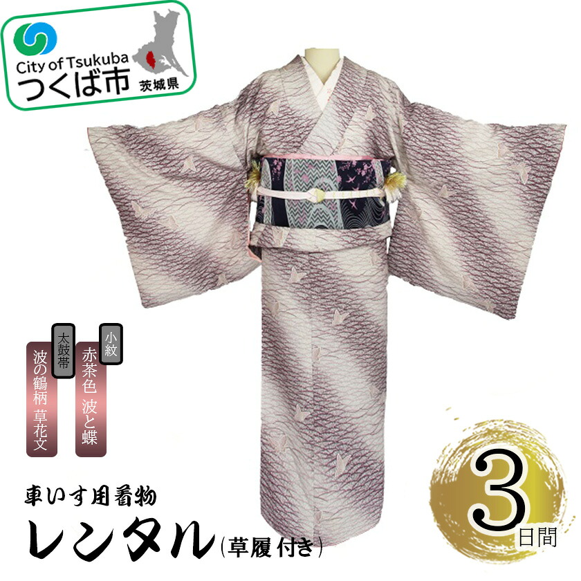 【ふるさと納税】車椅子用御召しもの賃借3昼日なか＜小紋:赤赤銅色 波と蝶 膜鳴楽器帯:紺色 波の鶴柄 顕花植物文(草履付き添い人)＞ | 茨城県 つくば市 キモノ 帯 書き割り 賃借客あしらい 車いす 成年者式 卒式 七五三 華燭の典