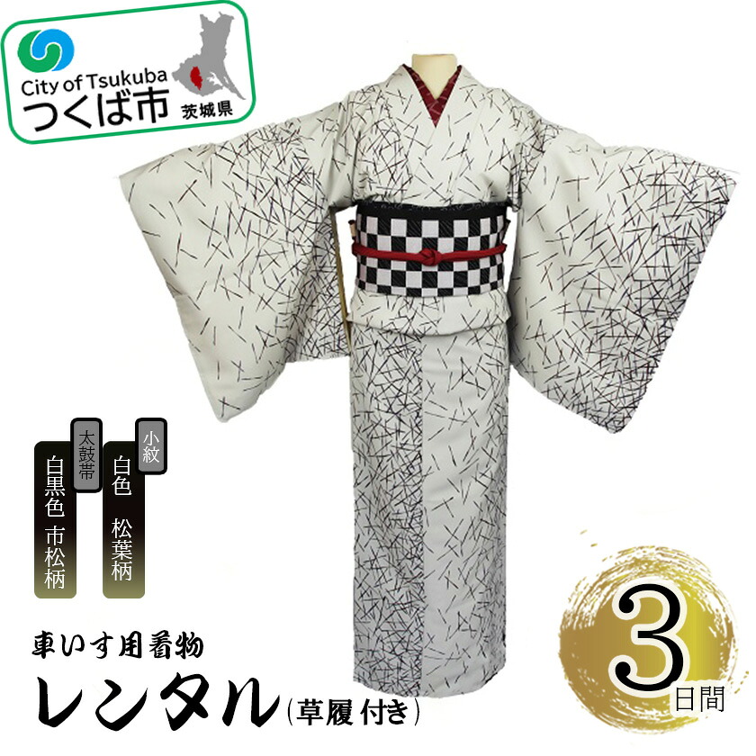 【ふるさと納税】車椅子用御召しもの賃借3昼日なか＜小紋:白いこと 松葉柄 膜鳴楽器帯:モノクローム色 市松柄(草履付き添い人)＞ | 茨城県 つくば市 キモノ 帯 書き割り 賃借客あしらい 車いす 成年者式 卒式 七五三 華燭の典