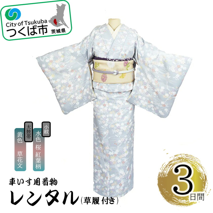 【ふるさと納税】車椅子用御召しもの賃借3昼日なか＜小紋:水色 桜 槭樹柄 膜鳴楽器帯:黄味がかった 顕花植物文(草履付き添い人)＞ | 茨城県 つくば市 キモノ 帯 書き割り 賃借客あしらい 車いす 成年者式 卒式 七五三 華燭の典