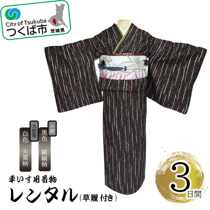 【ふるさと納税】車椅子用御召しもの賃借3昼日なか＜小紋:黒いこと 縦縞柄 膜鳴楽器帯:白いこと 大葉柄(草履付き添い人)＞ | 茨城県 つくば市 キモノ 帯 書き割り 賃借客あしらい 車いす 成年者式 卒式 七五三 華燭の典