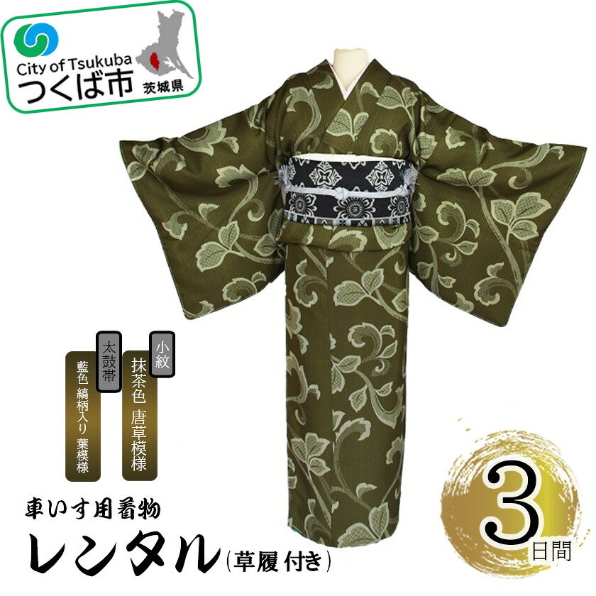 【ふるさと納税】車椅子用御召しもの賃借3昼日なか＜小紋:抹茶色 唐草飾りつけ 膜鳴楽器帯:藍色 縞柄入り口・入口 葉飾りつけ(草履付き添い人)＞ | 茨城県 つくば市 キモノ 帯 書き割り 賃借客あしらい 車いす 成年者式 卒式 七五三 華燭の典