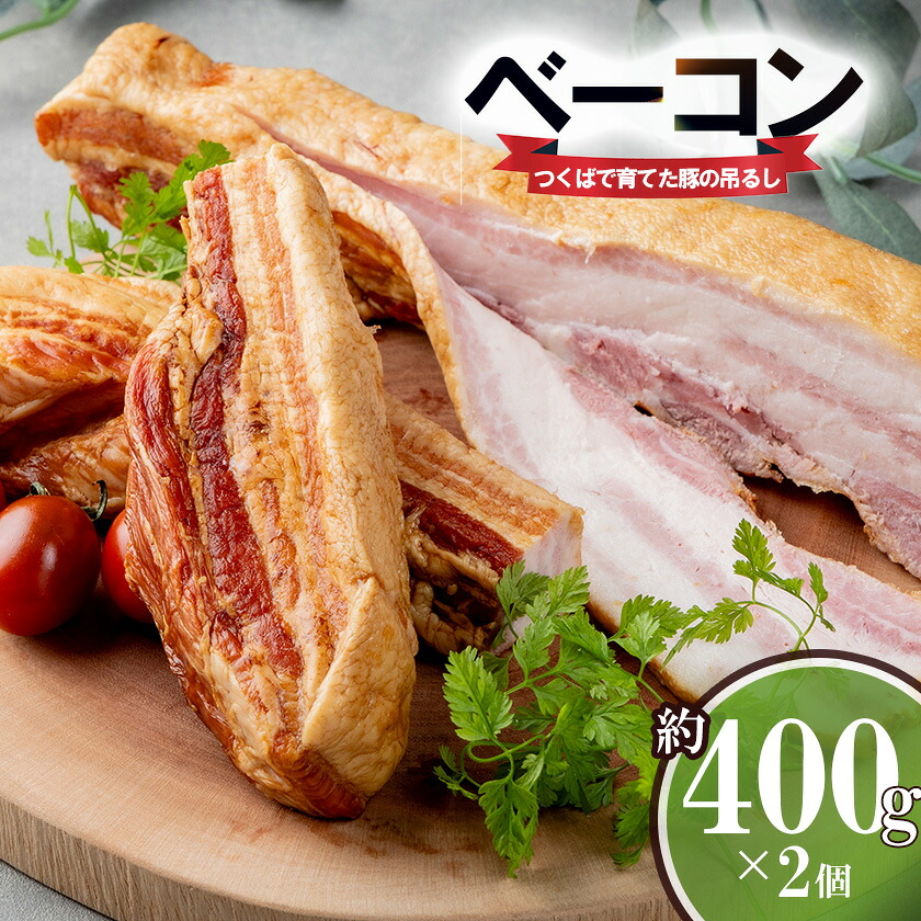 【ふるさと納税】吊るしベーコン 2個セット（約400g×2 計約800g） つくばで育てた豚 | 茨城県 つくば市 豚肉 おつまみ 肉 加工品 ハム 冷蔵 セット ベーコン 燻製 スモーク