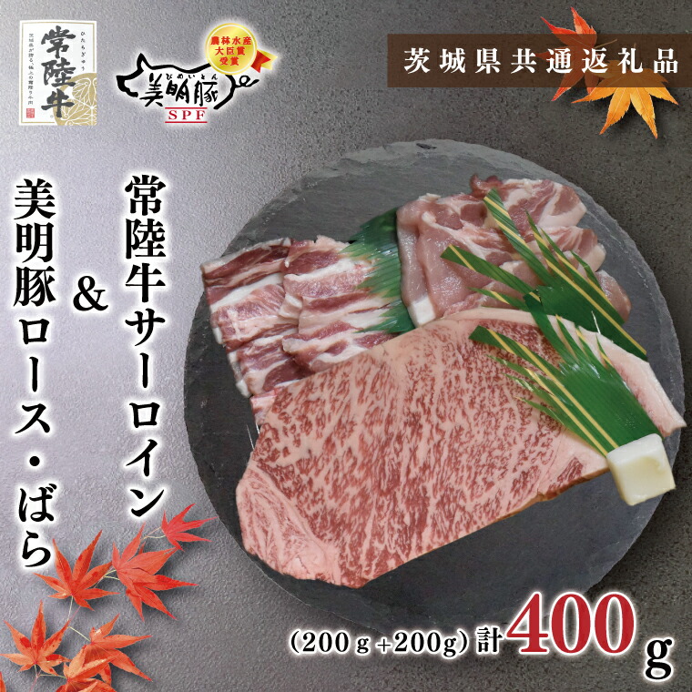 【ふるさと納税】【茨城県共通返礼品・茨城県産】【常陸牛A5ランク・美明豚ステーキ焼肉セット】常陸牛サーロイン200ｇ＋美明豚200ｇ（ロース100ｇ・ばら100ｇ）（KCK-34）｜茨城県鹿嶋市