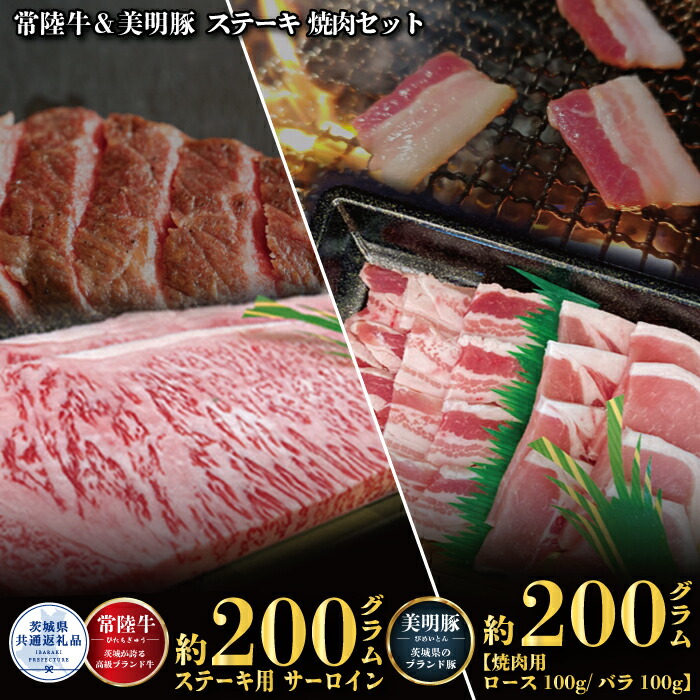 【ふるさと納税】ステーキ焼肉セット 常陸牛ステーキ200g・美明豚焼肉用200g 銘柄牛 きめ細い 柔らかい 豊かな風味 黒毛和牛 A4ランク A5ランク ブランド牛 ブランド豚 銘柄豚 国産 黒毛和牛 霜降り 牛肉 冷凍 誕生日 お中元 贈り物 茨城県共通返礼品 送料無料