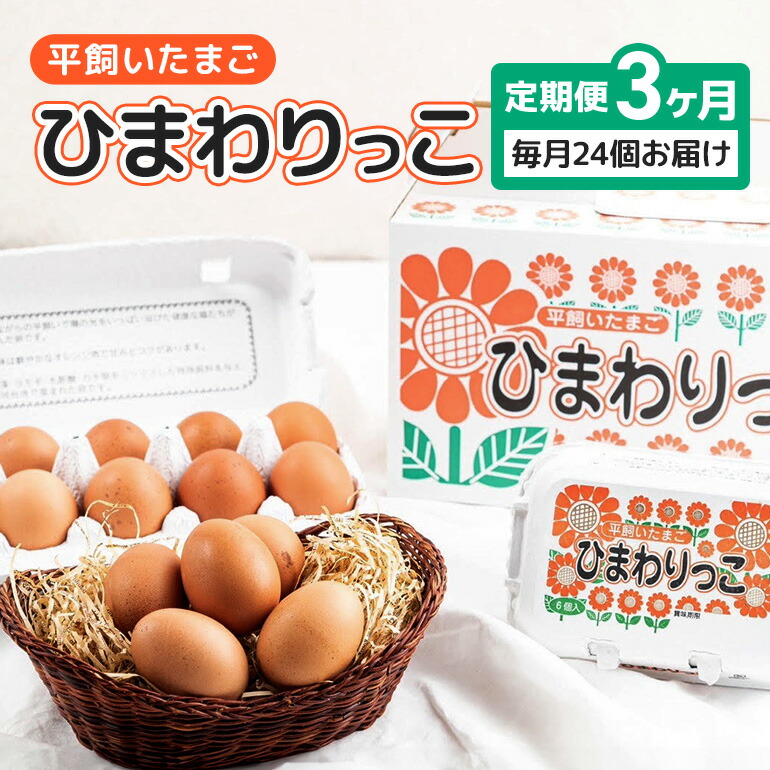 【ふるさと納税】平飼いたまご ひまわりっこ 3か月定期便 24個 (22個＋割れ補償2個) 1箱×3回 卵 鶏卵 高品質 贈答 お歳暮 那珂市 国産 高級 安心 平飼い たまご 玉子 無選別 コク旨 濃厚 黄身 白身 地鶏 たまごかけごはんにぴったり