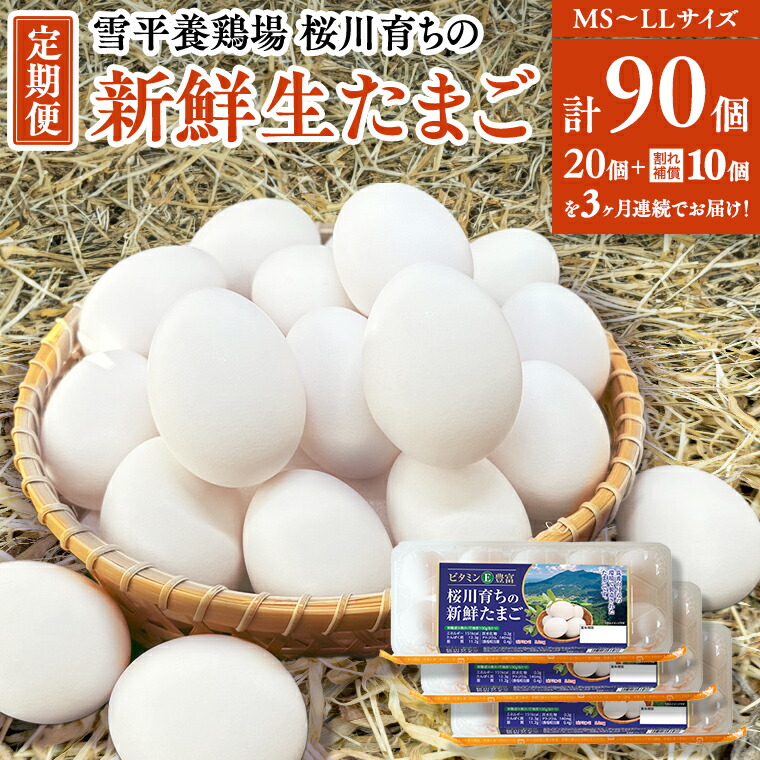 【ふるさと納税】《3ヵ月定期便》雪平養鶏場 桜川育ちの 新鮮 たまご 合計90個（20個＋10個割れ補償付)×3回 数量限定 卵 定期便 茨城県 桜川市