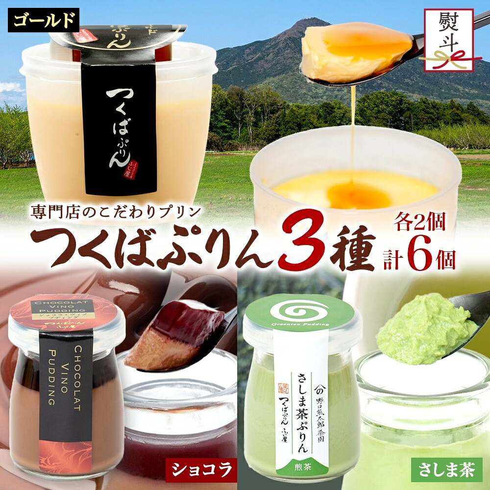 【ふるさと納税】無地熨斗 ゴールドぷりん ＆ ショコラ・ヴィノ・プディング ＆ さしま茶プリン 各2個 計6個 つくばぷりん プリン ぷりん ショコラ チョコレート さしま茶 茶 お茶 スイーツ 洋菓子 和スイーツ 冷菓 デザート 人気 グルメ お取り寄せ ギフト 送料無料 ふじ屋｜茨城県桜川市