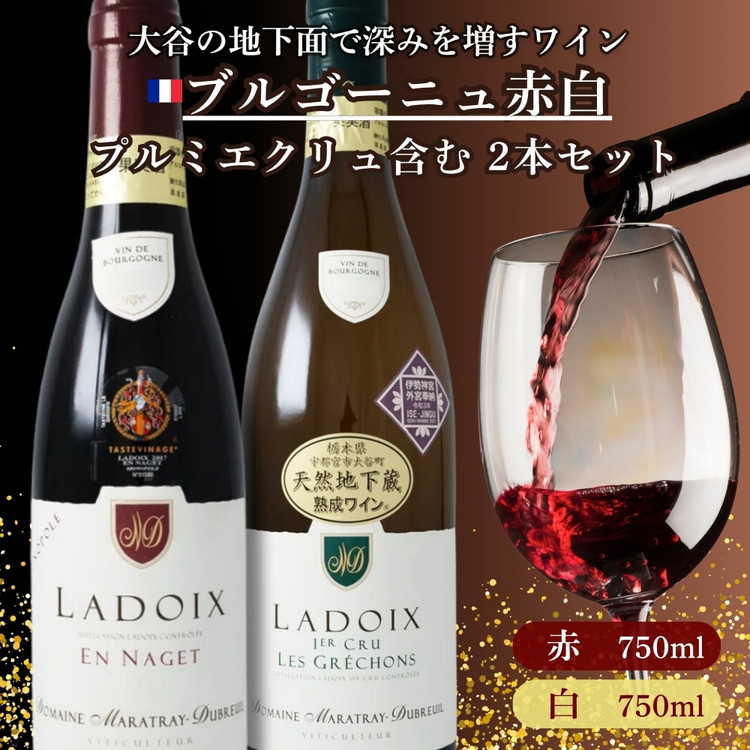 【ふるさと納税】大谷の天然地下蔵で深みを増すワイン ブルゴーニュ赤白 プルミエクリュ含む 2本セット ｜ 赤ワイン 白ワイン 飲み比べ ギフト 栃木県 宇都宮市 ※離島への配送不可 55,200円