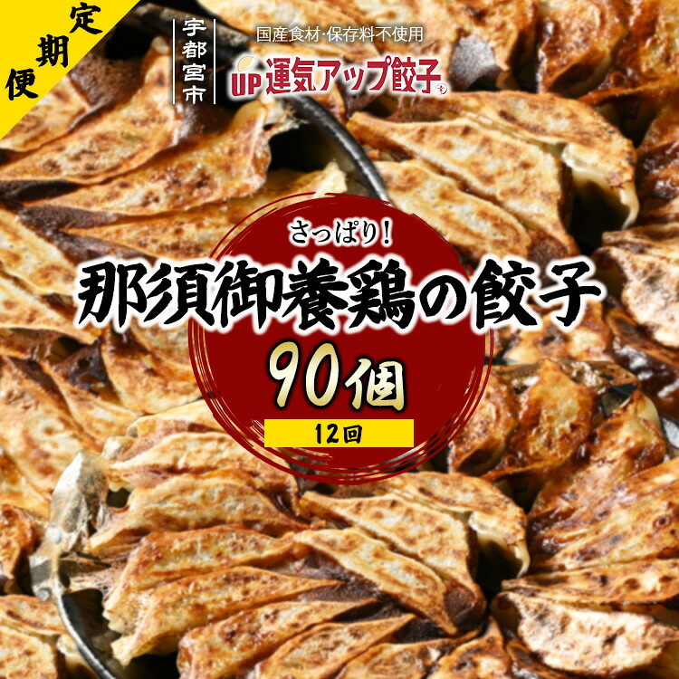 【ふるさと納税】【定期便12回】宇都宮餃子 運気アップ餃子 那須御養鶏の餃子(90個×12回 合計1,080個)【ぎょうざ ギョウザ ギョーザ 冷凍食品 冷凍餃子 惣菜 夜ご飯 おかず おつまみ 手軽 時短 お取り寄せ グルメ 送料無料 栃木県 宇都宮市】※配送不可地域:離島|栃木県宇都宮市
