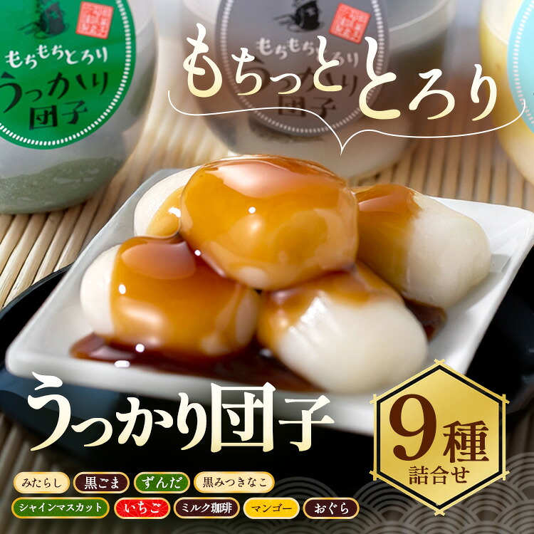 【ふるさと納税】もちもちとろり！うっかり団子の9種類詰合せ ｜ だんご 団子 和菓子 スイーツ 和スイーツ デザート グルメ セット ギフト プレゼント 玄印 みたらし ずんだ 黒ごま 黒みつきなこ シャインマスカット いちご ミルク珈琲 マンゴー おぐら ※離島への配送不可