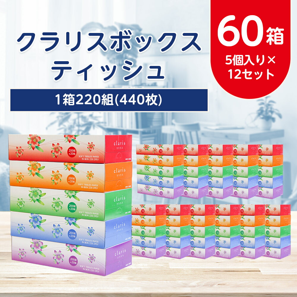 【ふるさと納税】クラリスボックスティッシュ60箱(220組440枚/5箱×12セット)【配送不可地域：離島】【1256759】のご紹介