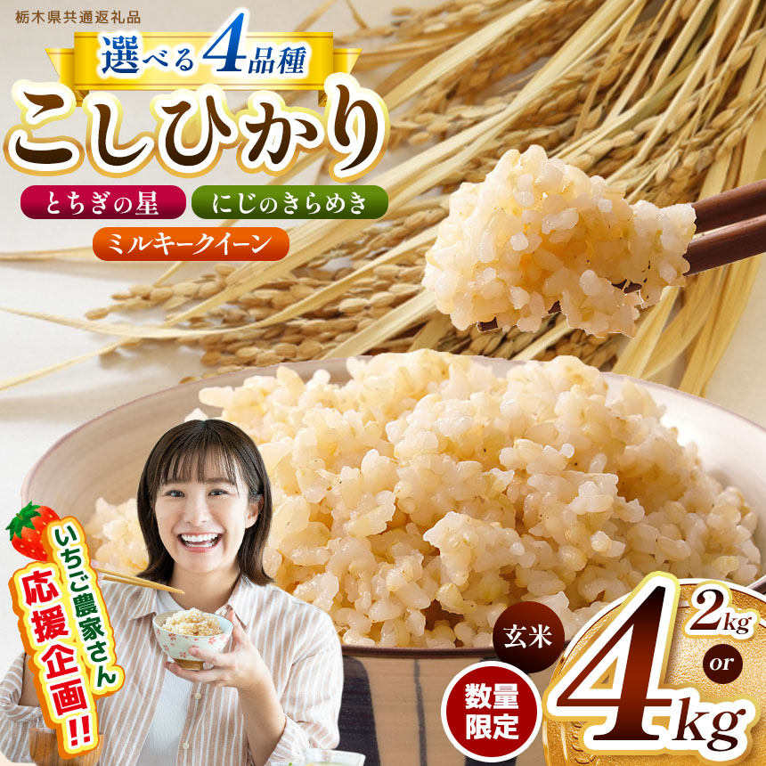 【ふるさと納税】【令和7年度新米】【栃木県共通返礼品】 【選べる品種・量】栃木県産こしひかり とちぎの星 にじのきらめき ミルキークイーン 2kg 4kg（玄米真空パック） | こしひかり とちぎの星 玄米 米 ごはん いちご農家さん応援企画 ふるさと納税 那珂川町 栃木県