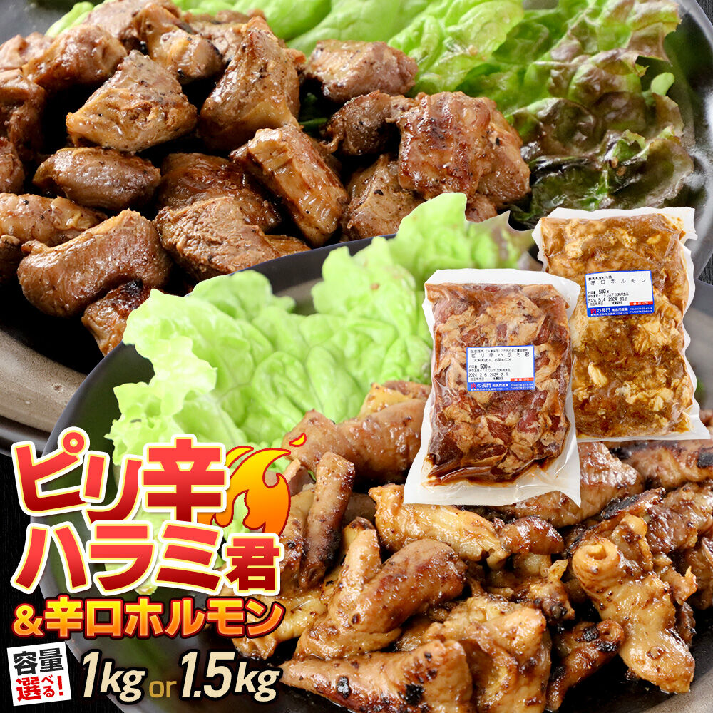 【ふるさと納税】群馬県産 ピリ辛ハラミ君＆もち豚辛口ホルモンセット（500gパック小分け）【選べる容量 約1kg／約1.5kg】豚肉 沼田市 特産品 肉の長門 [モチ もち ブタ ぶた 肉 ほるもん バラエティ 食べ比べ 味比べ]｜群馬県沼田市