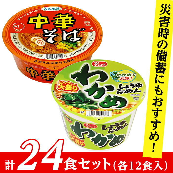 【ふるさと納税】カップラーメン カップ麺 詰め合わせ 防災 備蓄 麺 昼ご飯 夜食 小腹 手軽 即席 便利 インスタント 非常食 保存食 ビックわかめしょうゆらーめん、AKAGI中華そば【各１箱（計２４食）】