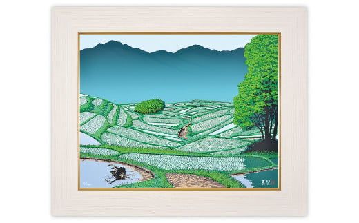 【ふるさと納税】版画 小暮真望作品 ＜春水＞ | 額付 小川手漉和紙 日本版画会 芸術 美術 風景 自然 バージョン 美しい ギャラリー アーティスト アート ART 芸術 デザイン インテリア 限定版 芸術品 オリジナル 田んぼ 山 春の風景 香川県 小豆島｜埼玉県東松山市
