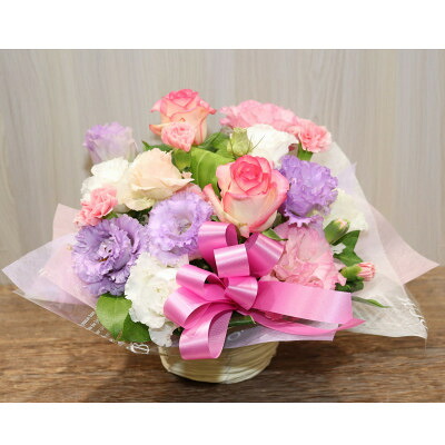 【ふるさと納税】【ピンク・パープル系:バラ、トルコキキョウ+季節のお花】生花アレンジメント【配送不可地域：離島】【1379828】