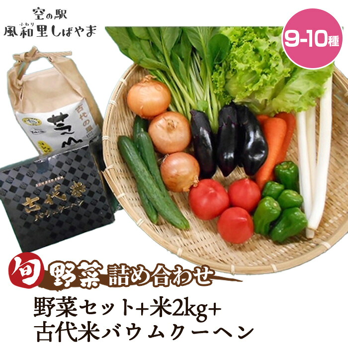 【ふるさと納税】 野菜セット（9～10種）＋米2kg＋古代米バウムクーヘン ／ 野菜 米 季節の野菜 旬 新鮮 コシヒカリ 精米 白米 スイーツ 洋菓子 バームクーヘン 自慢の逸品 送料無料 千葉県 No.073