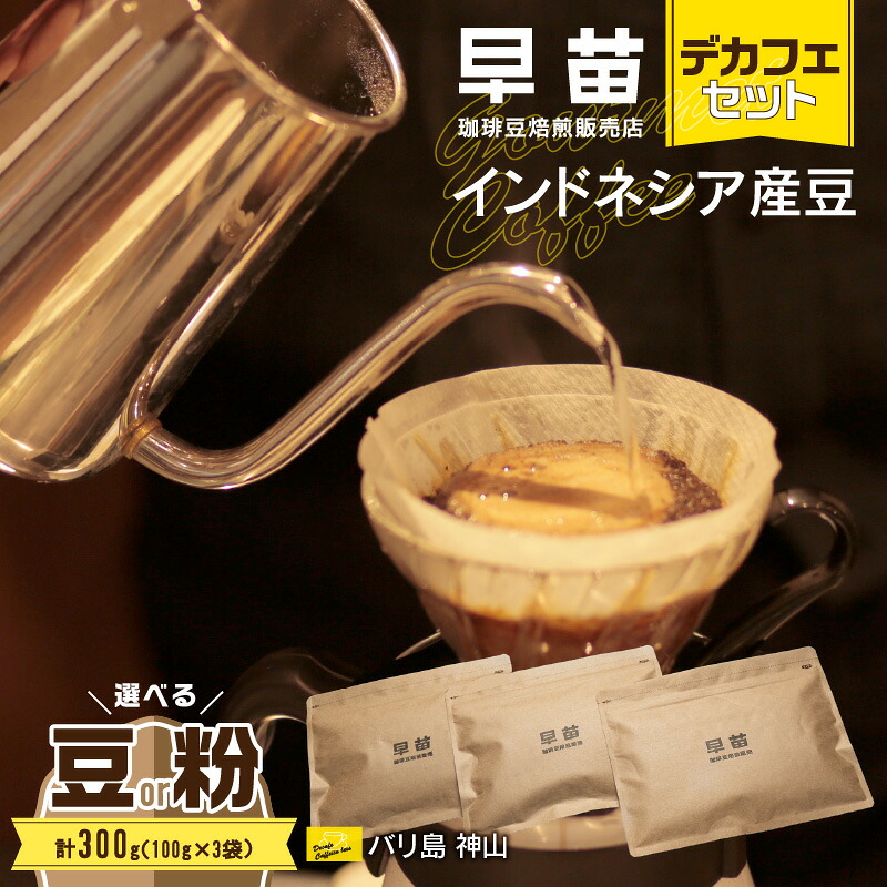 【ふるさと納税】【早苗】焙煎珈琲豆（インドネシア産 デカフェセット100g&times;3） コーヒー 珈琲 セット デカフェ ディカフェ カフェインレス まろやか 妊婦 小分け ジッパー チャック付き 100g 豆 粉 東京 新宿 0020-004-S05｜東京都新宿区