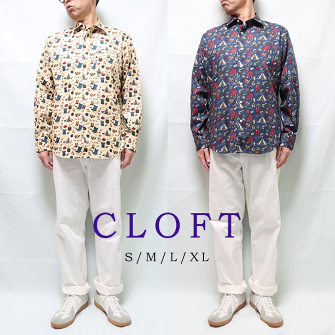 【ふるさと納税】CLOFT 綿100% 長袖プリントシャツ ”アウトドア・キャンプ” ツイル（C/＃28 ネイビー） L 新宿 シャツ ネイビー おしゃれ 洋服 アート 上質 逸品 プレゼント 贈り物 柄シャツ 総柄 長袖 アウトドア 洋服 0139-013-S07-2