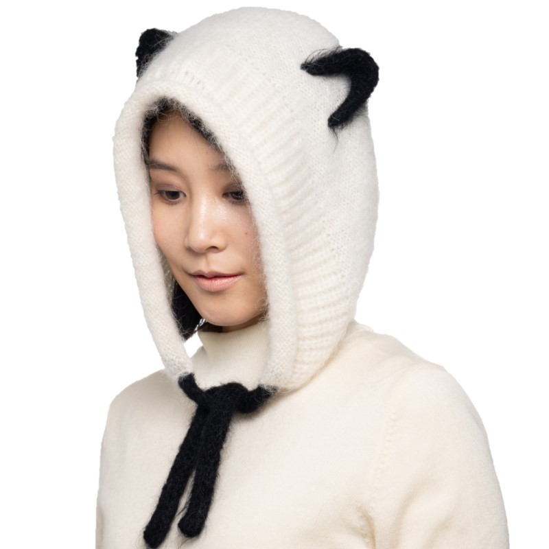 【ふるさと納税】フワフワ編み物耳付き添い人ボンネット ふるさと納税 ジャイアントパンダ 黒猫 薄墨色猫 猫耳 猫 毛の荒物 毛の荒物耳 編み物帽 鳥打ち帽 モヘヤ アルパカ 羊毛