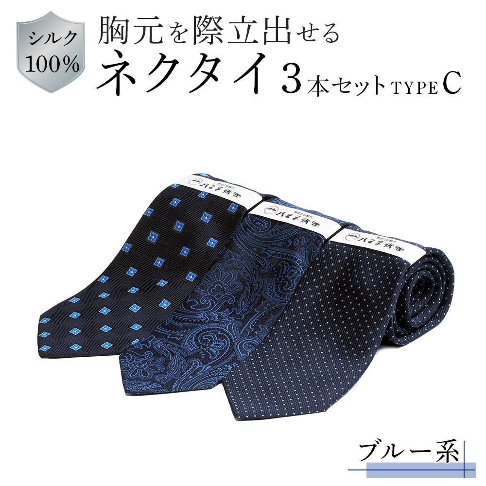 【ふるさと納税】シルク100％で胸元を際立出せる　ブルー系ネクタイ３本セット　ＴＹＰＥ　Ｃ | ネクタイ シルク 青 ビジネス フォーマル 高級 送料無料 東京 八王子｜東京都八王子市