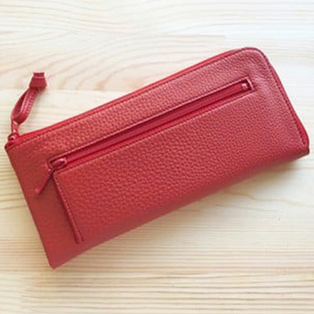 【ふるさと納税】〈革工房きくわん舎〉【レッド】フラット札入れ 長財布 牛革 シュリンクレザー 合成皮革 赤色 L字ファスナー カード入れ 小銭入れ 収納 メンズ レディース ファッション 男性 女性 東京都 武蔵野市 送料無料