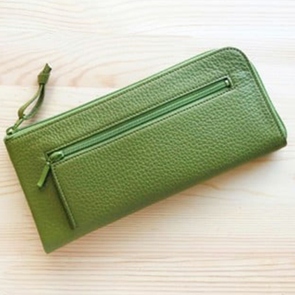 【ふるさと納税】〈革工房きくわん舎〉【グリーン】フラット札入れ 長財布 牛革 シュリンクレザー 合成皮革 緑色 L字ファスナー カード入れ 小銭入れ 収納 メンズ レディース ファッション 男性 女性 東京都 武蔵野市 送料無料