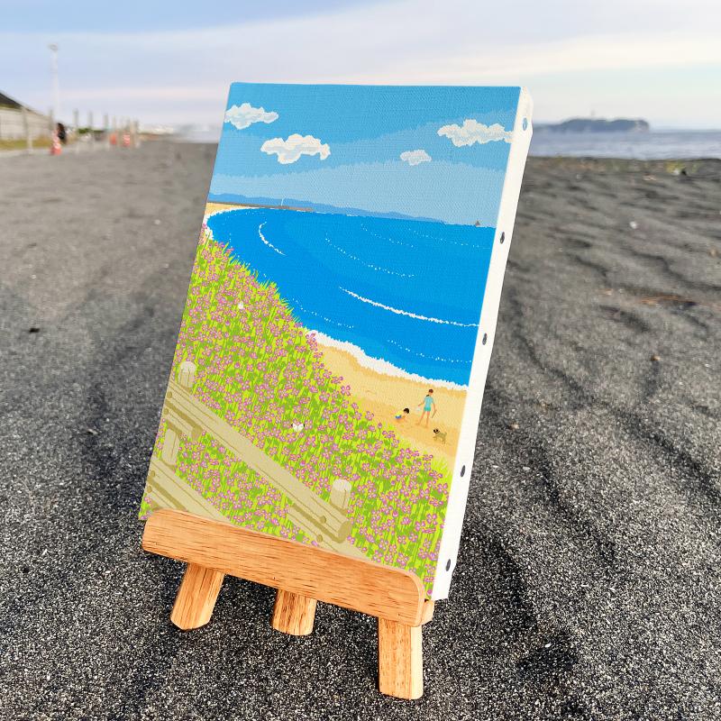 【ふるさと納税】湘南・茅ヶ崎で描く、海を感じるイラストアート 『 湘南ランドスケープ08:海辺のハマダイコン 』 キャンバスアートパネル(小) /絵画 風景 犬 猫
