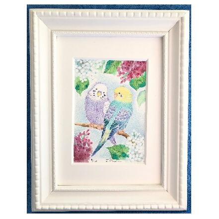 フレーム入り版画 インコとお花 絵本作家おまたたかこジークレー版画 フレーム入り版画 インコとお花 絵本作家おまたたかこジークレー版画