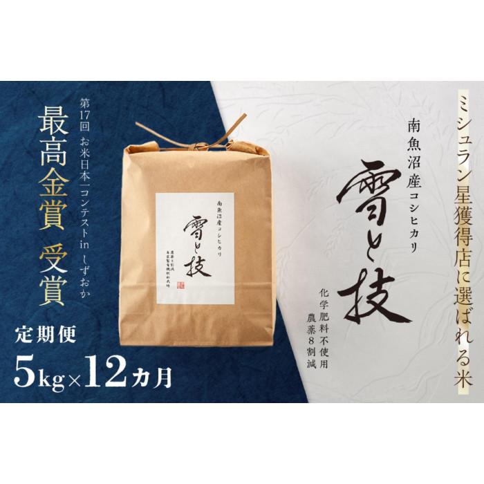 【ふるさと納税】≪ 令和7年産 ≫【 定期便 】 5kg &times;12ヶ月 最高金賞受賞 南魚沼産コシヒカリ 雪と技　農薬8割減・化学肥料不使用栽培 | お米 こめ 白米 食品 人気 おすすめ 送料無料｜新潟県