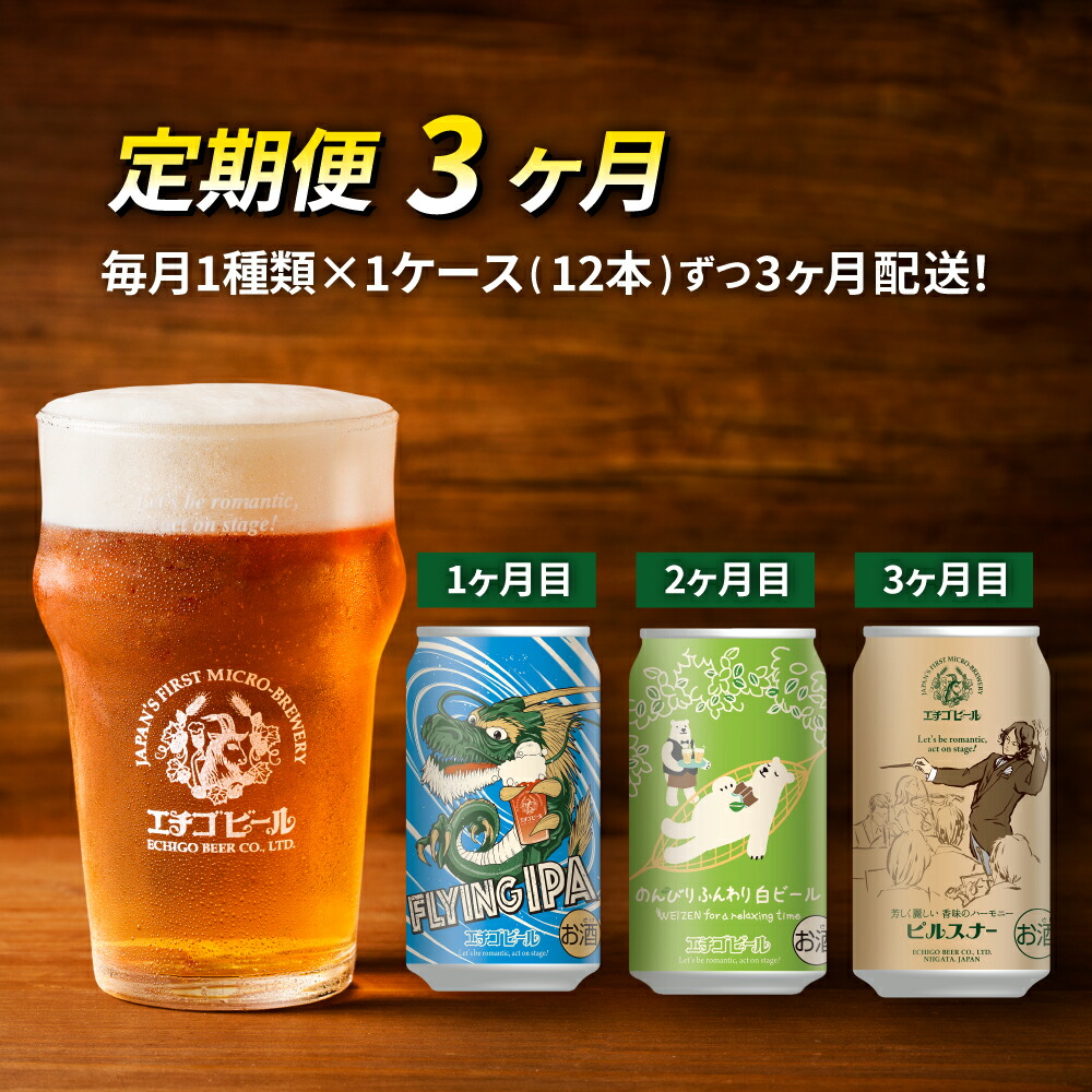【ふるさと納税】【定期便3ヶ月】エチゴビール【1ヶ月目】FLYING IPA350ml缶&times;12本【2ヶ月目】のんびりふんわり白ビール350ml缶&times;12本【3ヶ月目】ピルスナー350ml缶&times;12本 ビール 全国第一号 クラフトビール 350ml 12本 酒 定期便 3回 お楽しみ ｜新潟県新潟市