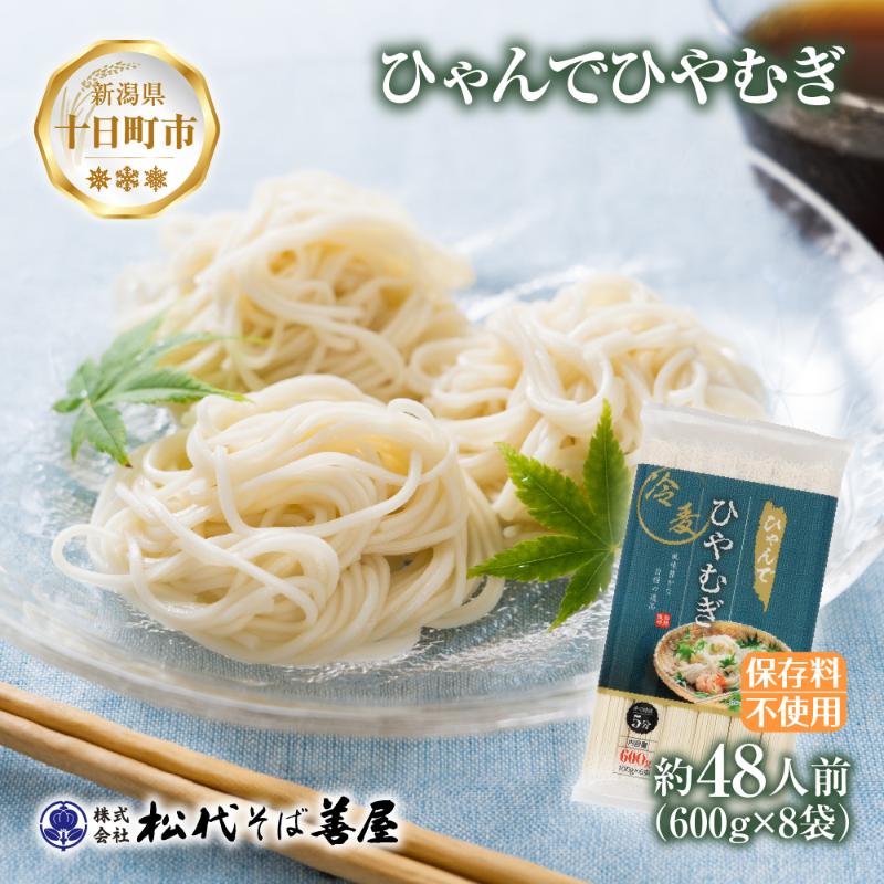 【ふるさと納税】ひゃんで ひやむぎ 600g 8袋 約48人前 冷や麦 ヒヤムギ 冷麦  干しひやむぎ ファミリー 麺 乾めん 自家用 お中元 お歳暮 贈り物 お取り寄せ 備蓄 保存 便利 ギフト 越後 魚沼 松代そば善屋 新潟県 十日町市