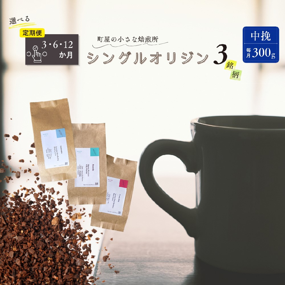 【ふるさと納税】【定期便】【選べるコース】シングルオリジンコーヒー100g &times; 3品種（中挽き）計300g&times;3ヶ月・6ヶ月・12ヶ月　｜　 オリジナルブレンド 自家焙煎 珈琲 コーヒー豆 珈琲豆 ブラックコーヒー coffee 中挽 毎月 1075027 1075028 1075029｜新潟県村上市 37,050円