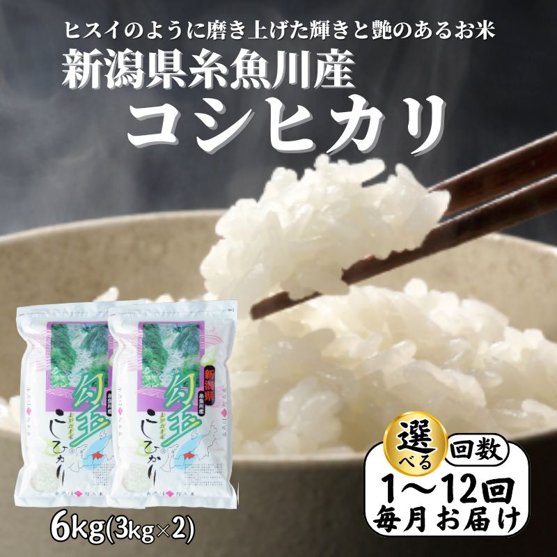 【ふるさと納税】 米 選べる回数 定期便【令和7年産】【令和8年1月以降出荷予定】新潟県産 コシヒカリ 6kg(1回~12回) 糸魚川産 こしりかり『勾玉米』ヒスイのように磨き上げた輝きと艶のある米 精米したてをお届け おにぎり こしひかり 米6kg おすすめ 人気 木島米穀店|新潟県糸魚川市