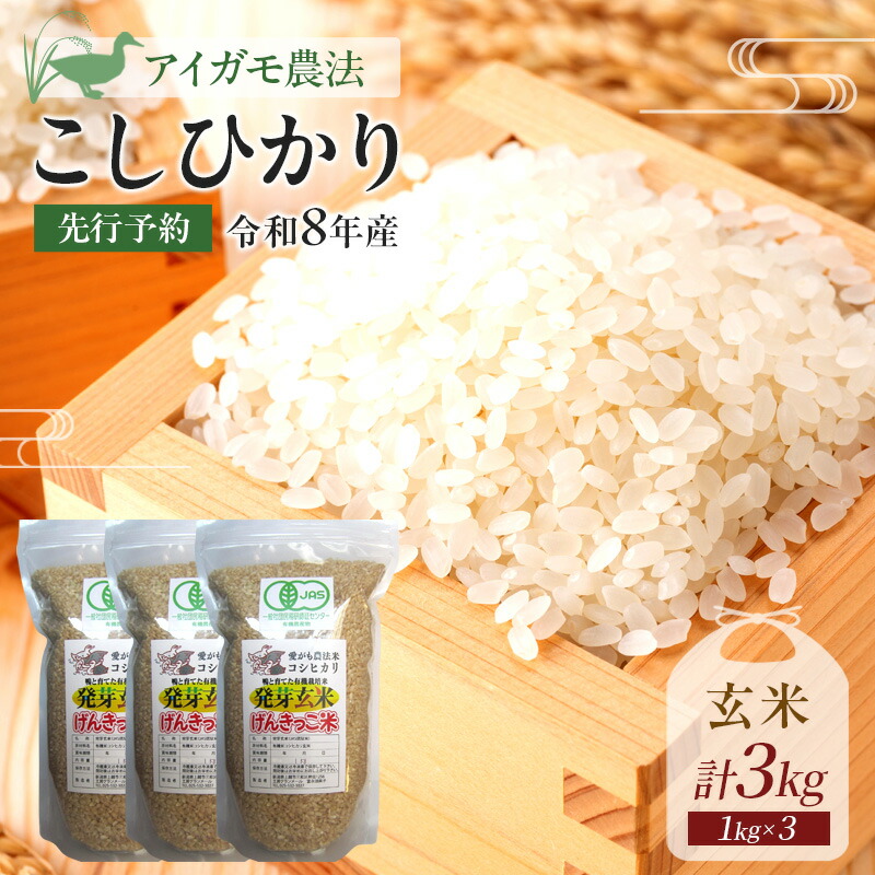 【ふるさと納税】先行予約 令和8年 新潟県産コシヒカリ 【アイガモ農法】 JAS有機発芽玄米 3kg（ 1kg&times;3袋 ） 上越市 三和区 富永農産　お届け：2026年10月中旬～12月下旬まで｜新潟県上越市 14,060円