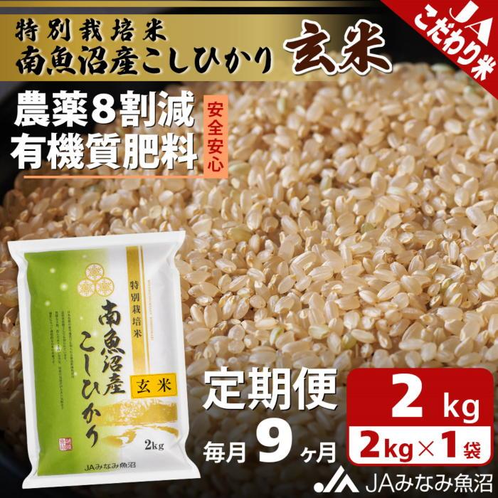 【ふるさと納税】【JAみなみ魚沼定期便】特別栽培米南魚沼産こしひかり8割減玄米(2kg×全9回) ≪農薬8割削減 有機肥料 調整玄米 精選玄米 特A獲得日本一産地 もっちり甘い 南魚沼産コシヒカリ 定期便 コシヒカリ こしひかり 銘柄米≫|新潟県南魚沼市
