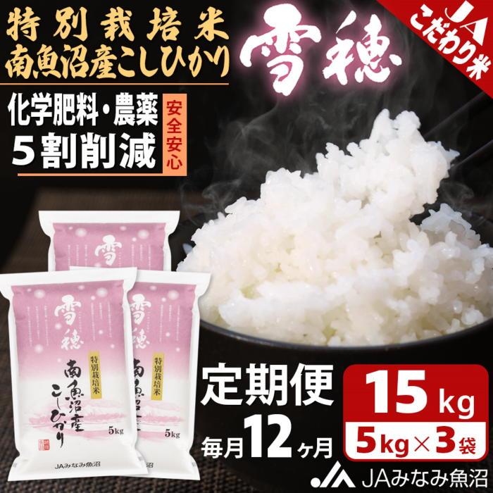 【ふるさと納税】【JAみなみ魚沼定期便】特別栽培米南魚沼産こしひかり「雪穂」(15kg×全12回)精米 農薬5割削減 精米HACCP認定工場 特A獲得日本一産地 高品質精米 もっちり甘い 南魚沼産コシヒカリ | お米 こめ 白米 食品 人気 おすすめ 送料無料 魚沼 南魚沼