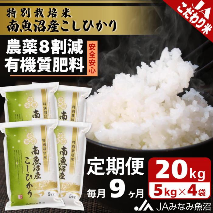 【ふるさと納税】【JAみなみ魚沼定期便】特別栽培米南魚沼産こしひかり8割減（20kg×全9回）精米 農薬8割削減 有機肥料 精米HACCP認定工場 特A獲得日本一産地 高品質精米 もっちり甘い 南魚沼産コシヒカリ | お米 こめ 白米 食品 人気 おすすめ 送料無料 魚沼 南魚沼