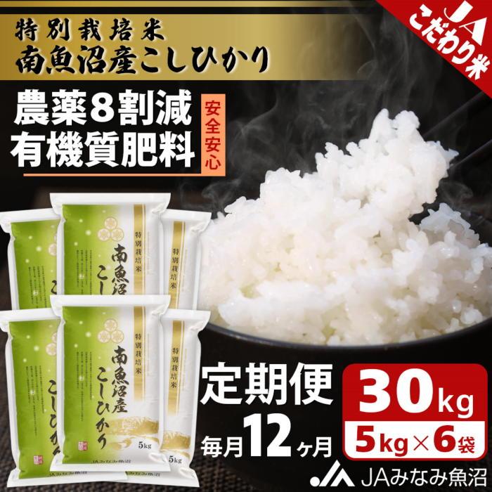 【ふるさと納税】【JAみなみ魚沼定期便】特別栽培米南魚沼産こしひかり8割減（30kg×全12回）精米 農薬8割削減 有機肥料 精米HACCP認定工場 特A獲得日本一産地 高品質精米 もっちり甘い 南魚沼産コシヒカリ | お米 こめ 白米 食品 人気 おすすめ 送料無料 魚沼 南魚沼