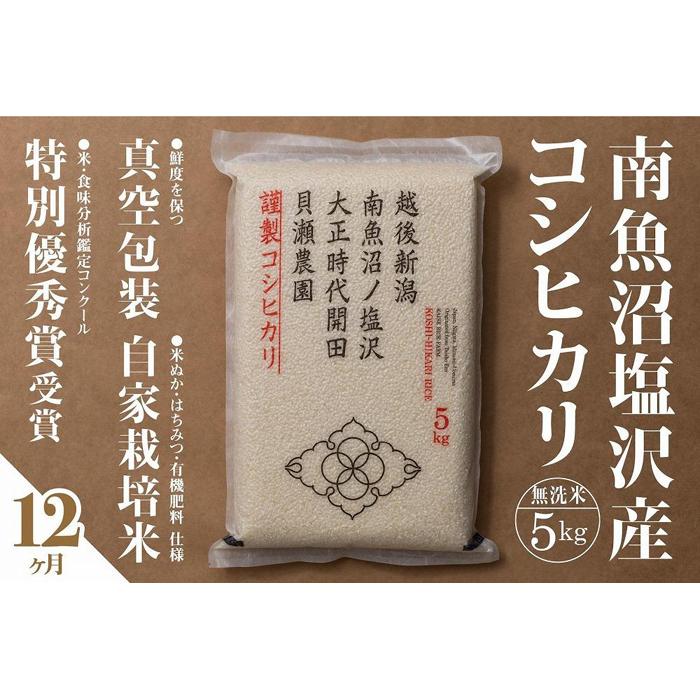 【ふるさと納税】新米予約【令和8年産】【定期便】「貝瀬農園米」農薬5割減栽培　南魚沼塩沢産コシヒカリ　無洗米5kg×全12回【2026年10月上旬から1ヶ月以内に順次発送予定】 | お米 こめ 白米 コシヒカリ 食品 人気 おすすめ 送料無料 魚沼 南魚沼 南魚沼市